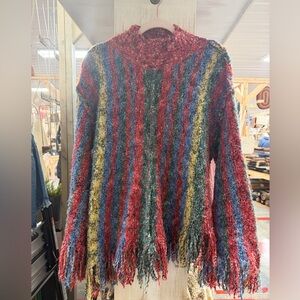 POL Multicolor Striped Turtleneck Sweater with Fringe boho